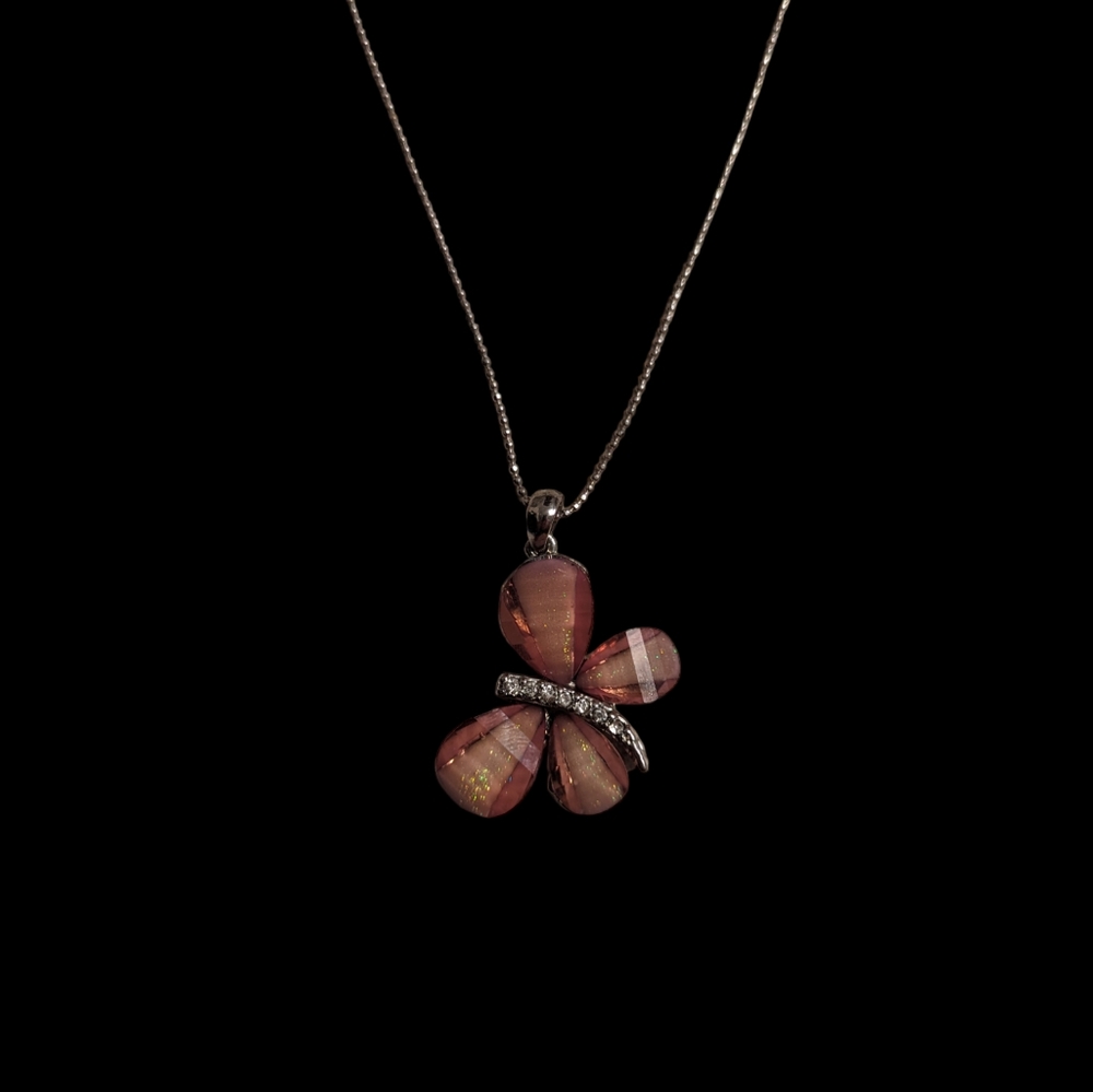 Amber Colored Resin and White Rhinestone Butterfly Pendant Necklace 16 inches